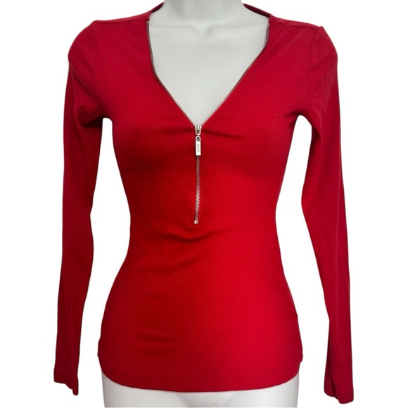 Guess Tops - GUESS deep v neck red zip front long sleeve top size small